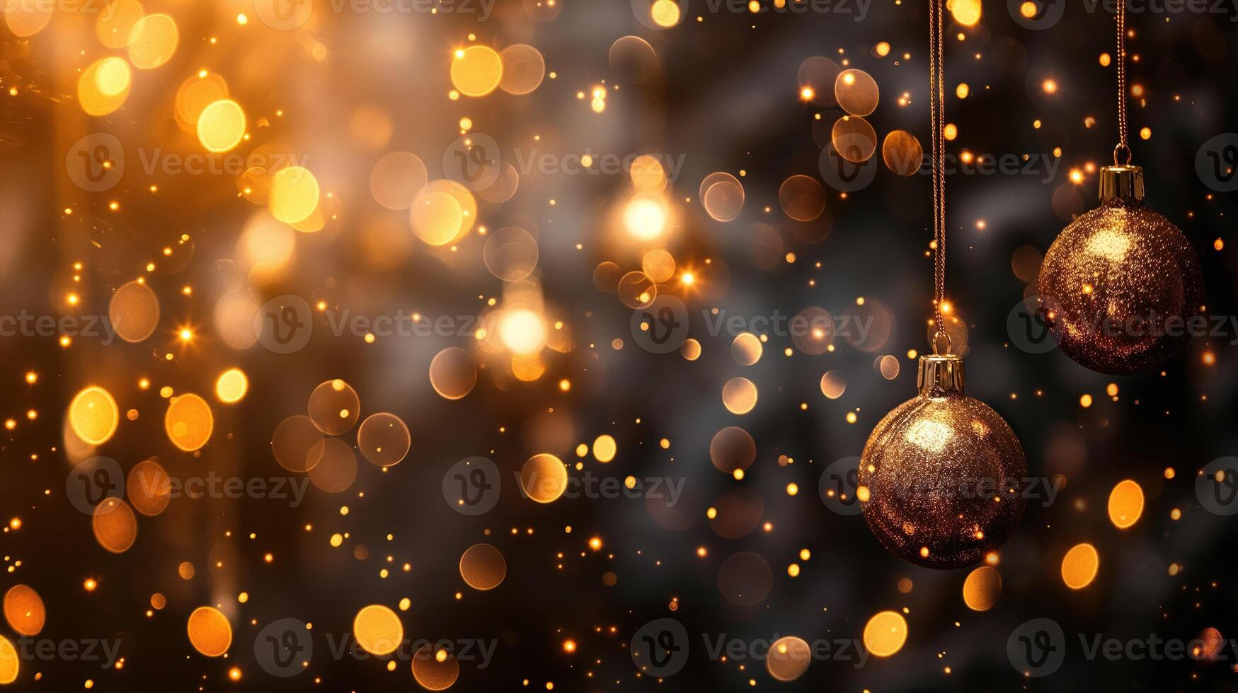 A Christmas scene background with two golden ornaments hanging from a tree photo