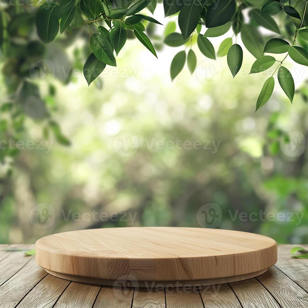 A wooden round table scene with a leafy background photo
