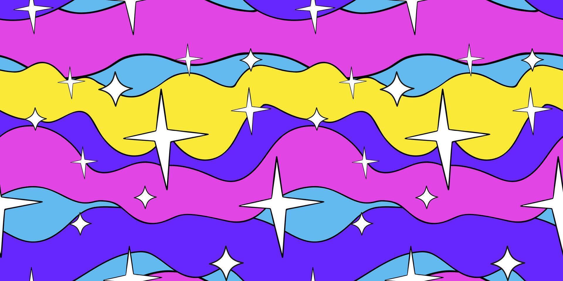 Seamless groovy wavy pattern with stars. vector