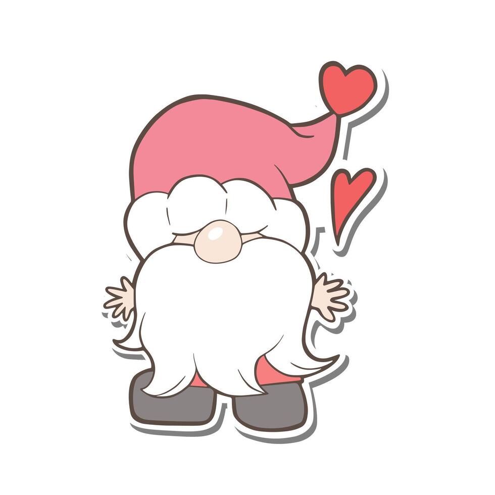 un linda gnomos en pie con corazón. mano dibujado chibi dibujos animados personaje con amor rosado color. garabatear estilo para decoración o ninguna diseño. ilustración acerca de enamorado día. vector