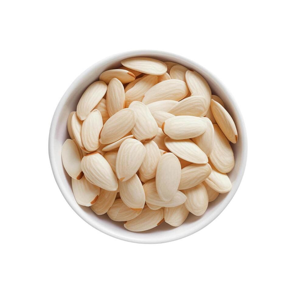 Bowl of peeled whole almonds isolated on white from above photo