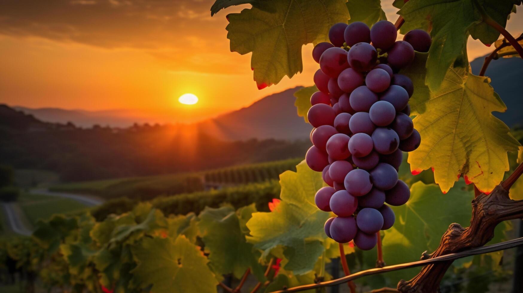 uvas en el vino a puesta de sol foto