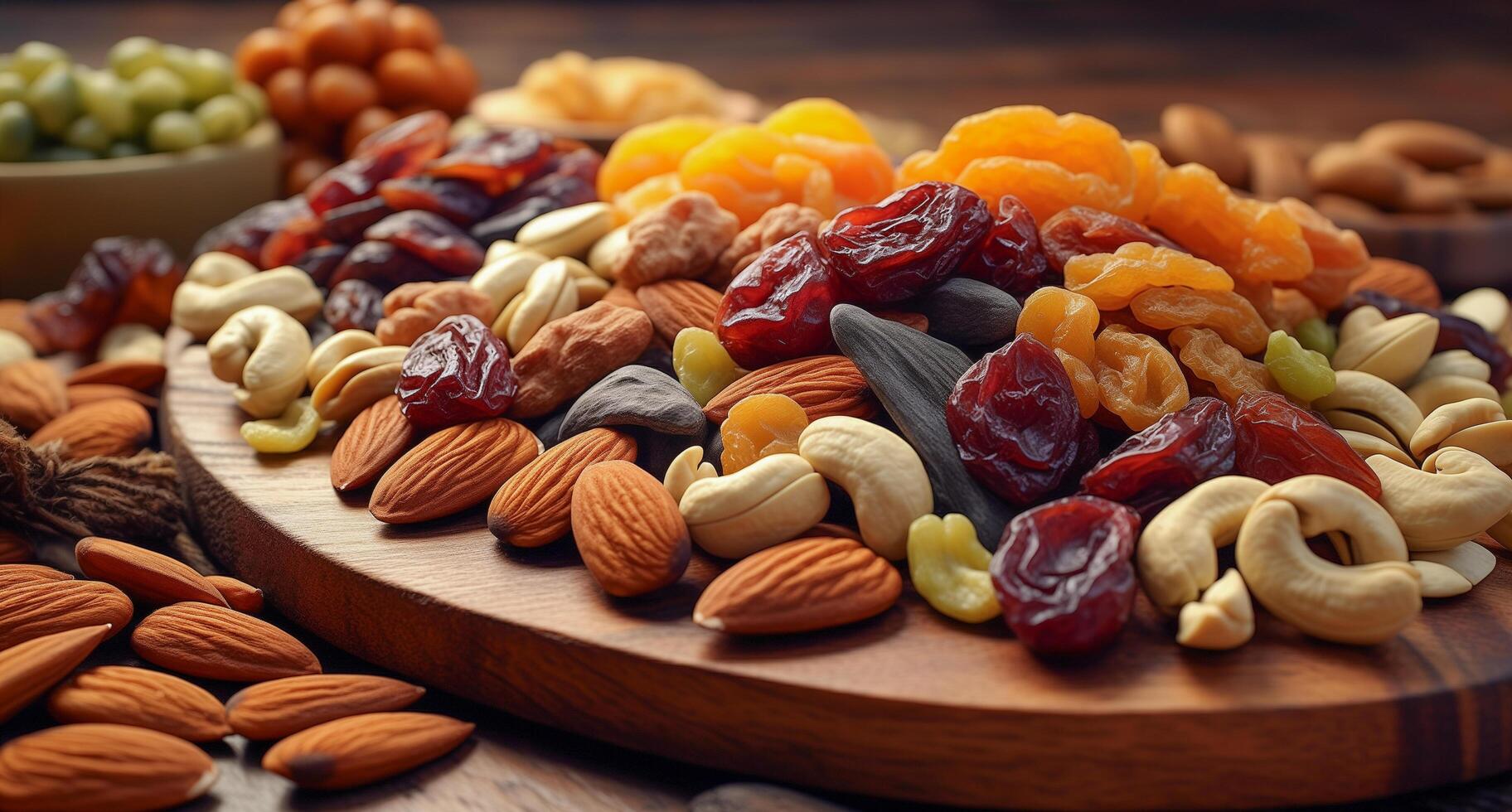 Nuts and dried fruits, close-up photo