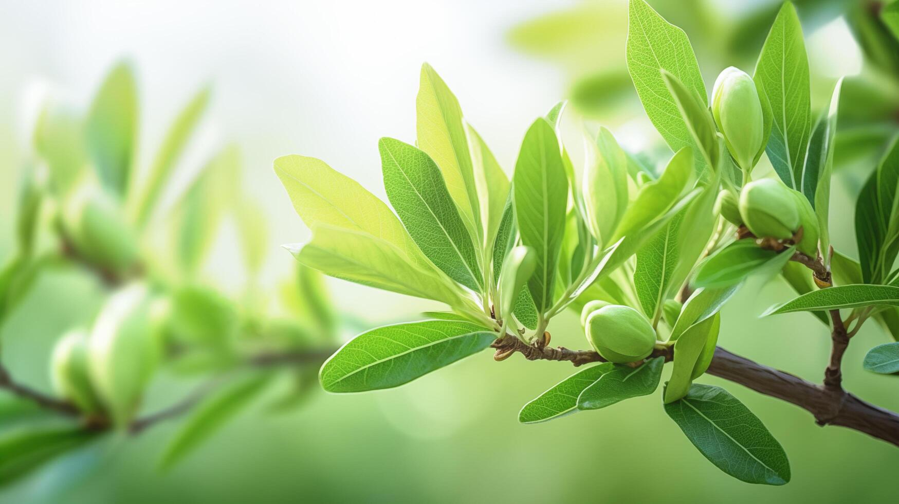 Almond Tree with Green Leaves and Ripe Almonds on Branch photo