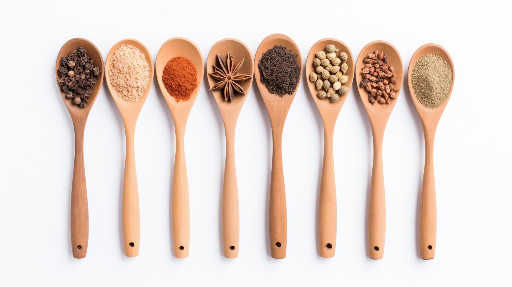 Aromatic Spices Held by Wooden Spoons on White Background photo