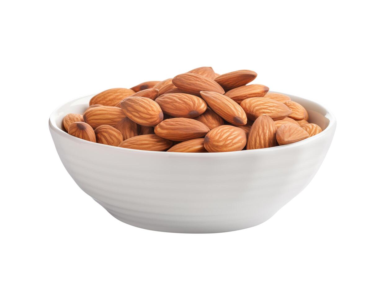 Almond Nuts in White Bowl Isolated on White Background photo