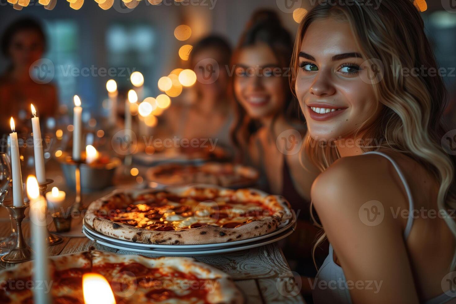 Friendly gathering with candlelit dinner and pizza photo