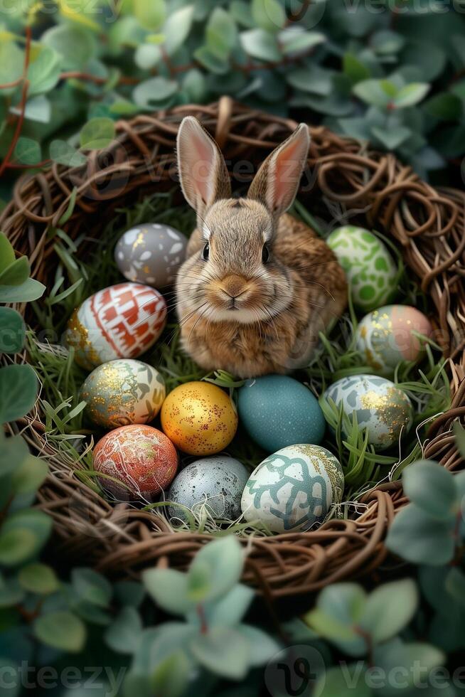 Adorable bunny sits amidst a nest surrounded by decorative easter eggs and greenery photo