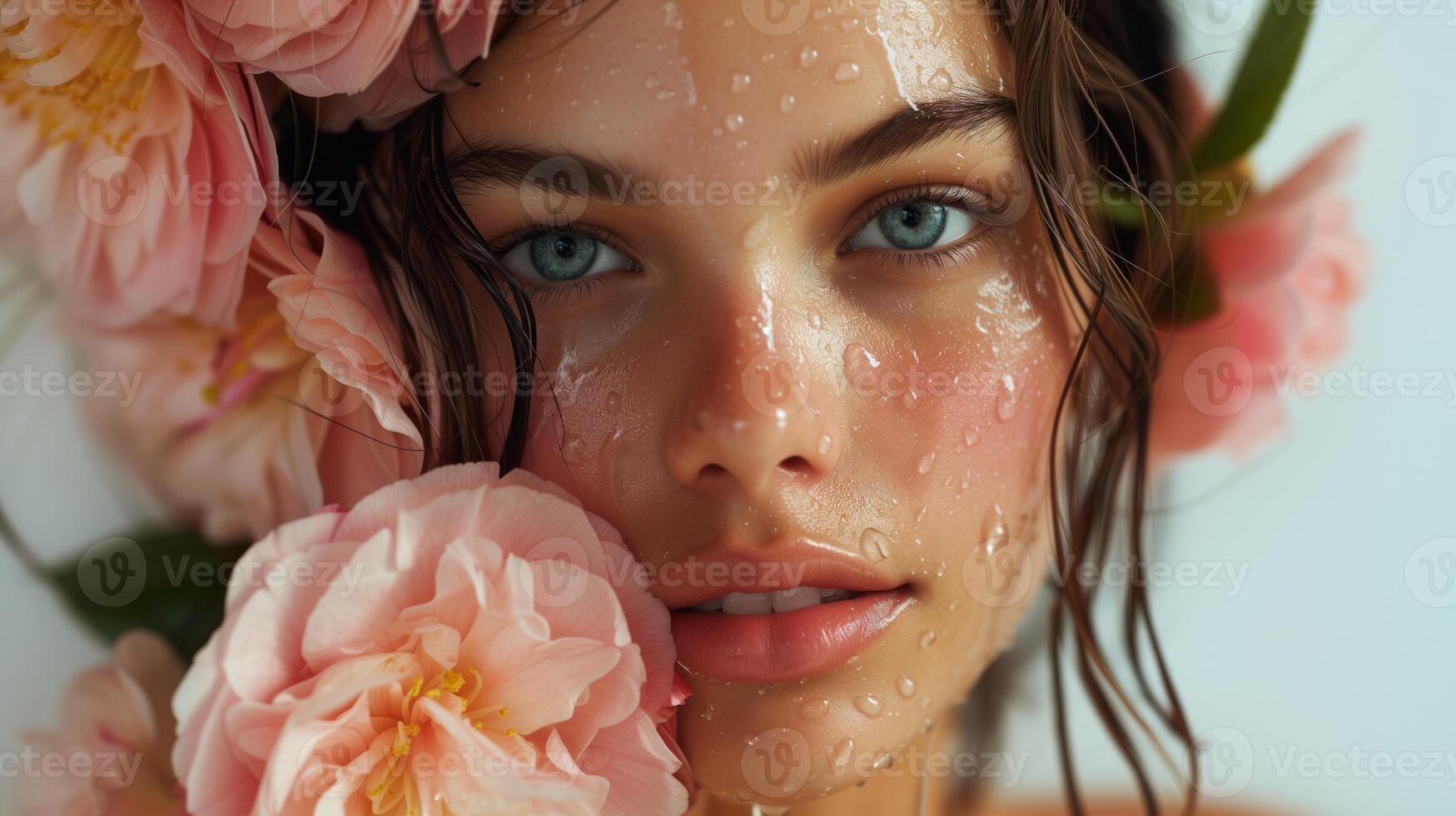 Girl with wet hair and skin, colorful camellias in studio, white background, artistic, floral theme photo