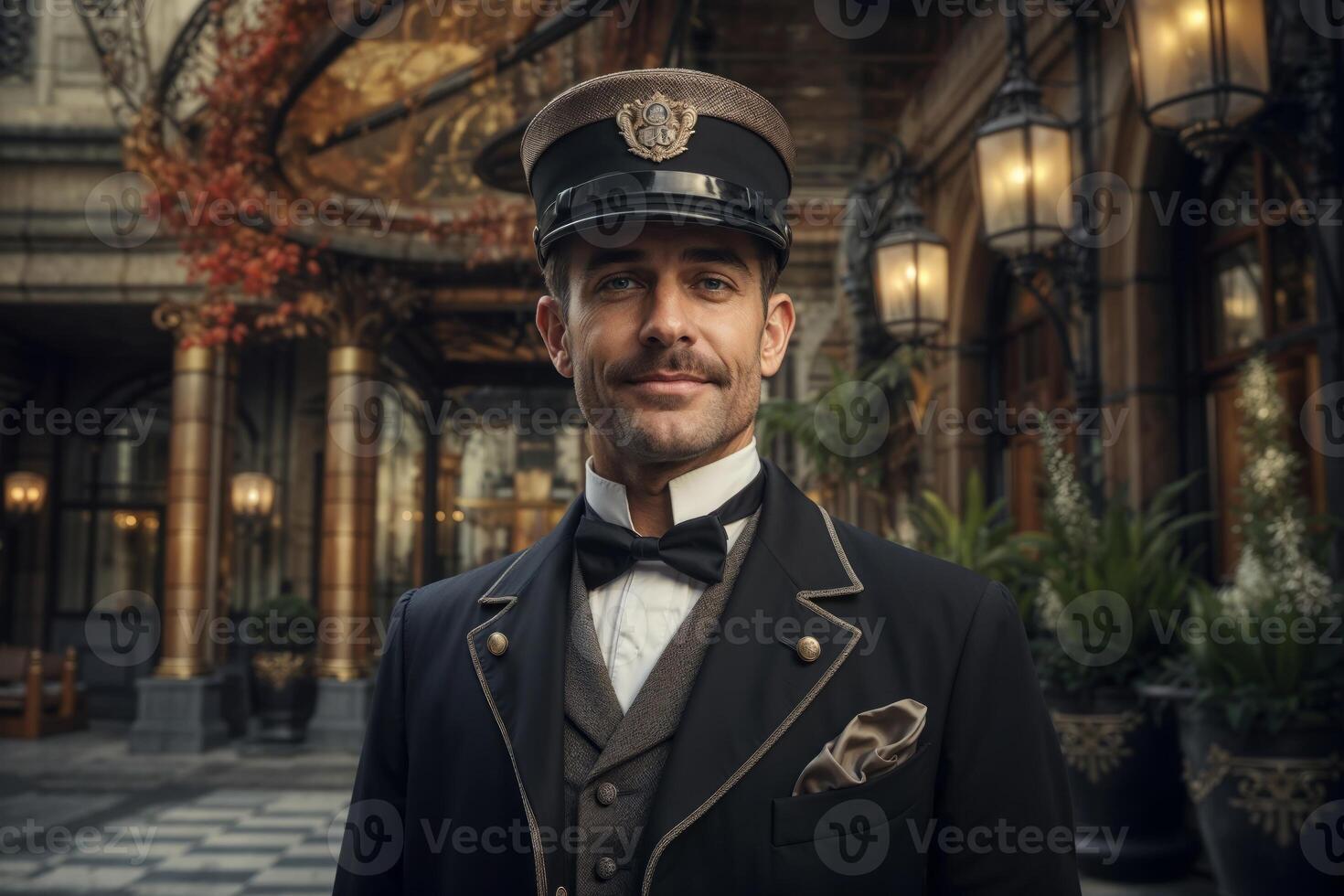 Confident hotel porter in uniform, standing at grand hotel entrance with a friendly smile photo