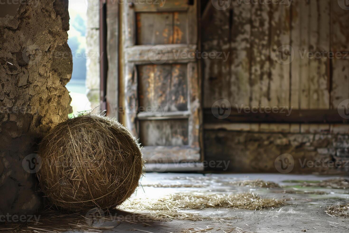 Abandoned barn interior with hay bale photo