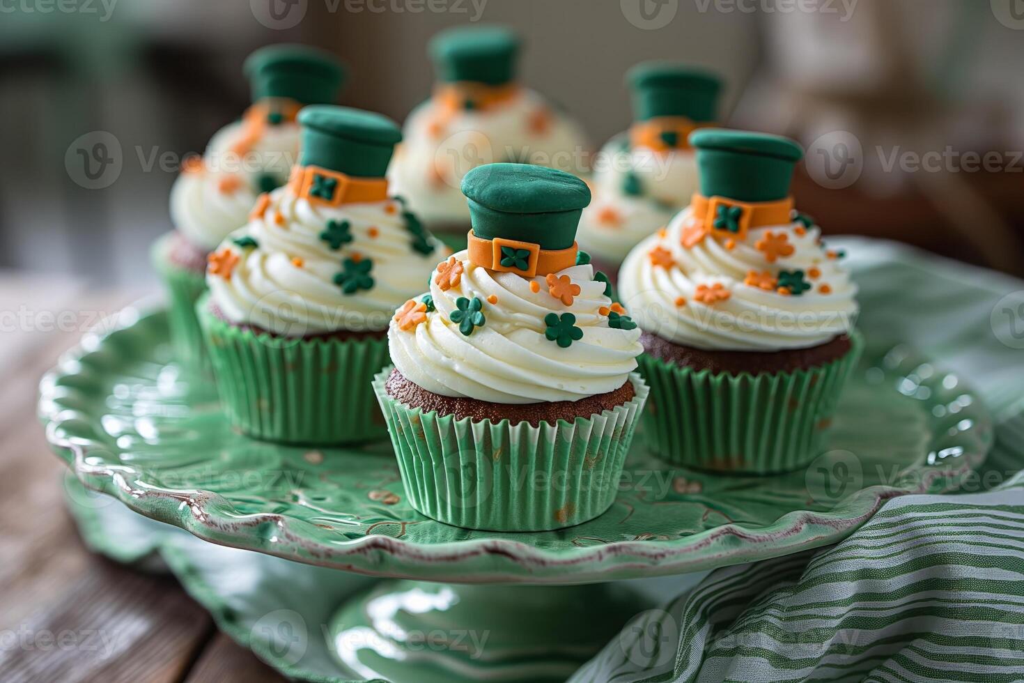 Delightful cupcakes with green frosting and st. Patrick's themed toppers on a platter photo