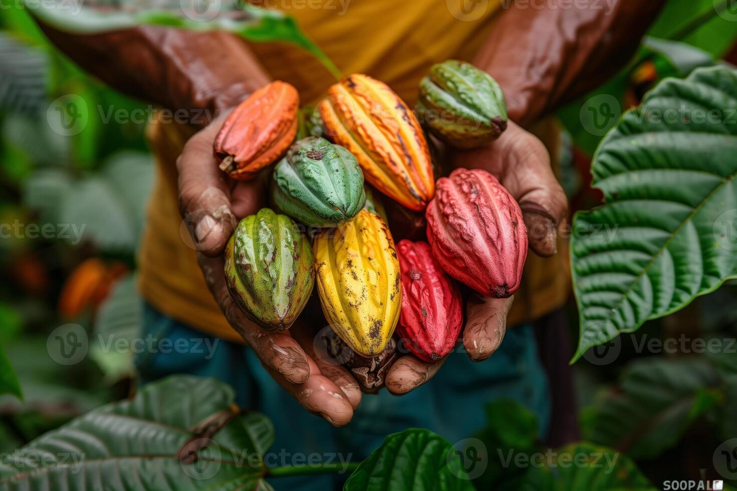 Farmer holding colorful cacao pods harvest photo