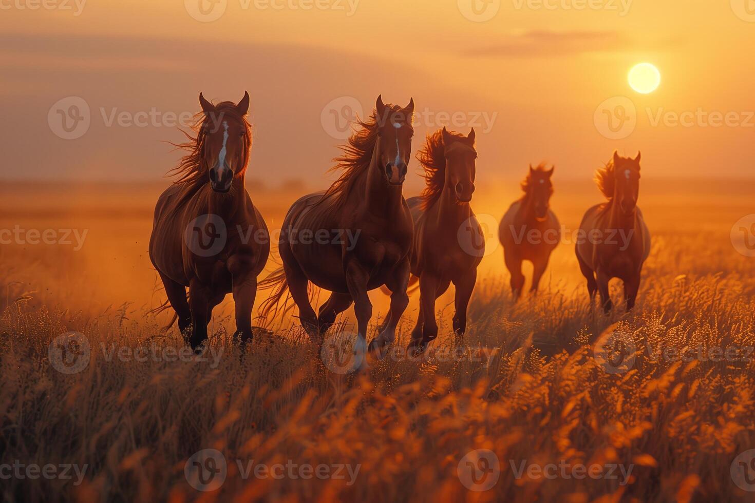 Herd of wild horses galloping in golden field at sunset, with dramatic lighting and dust photo
