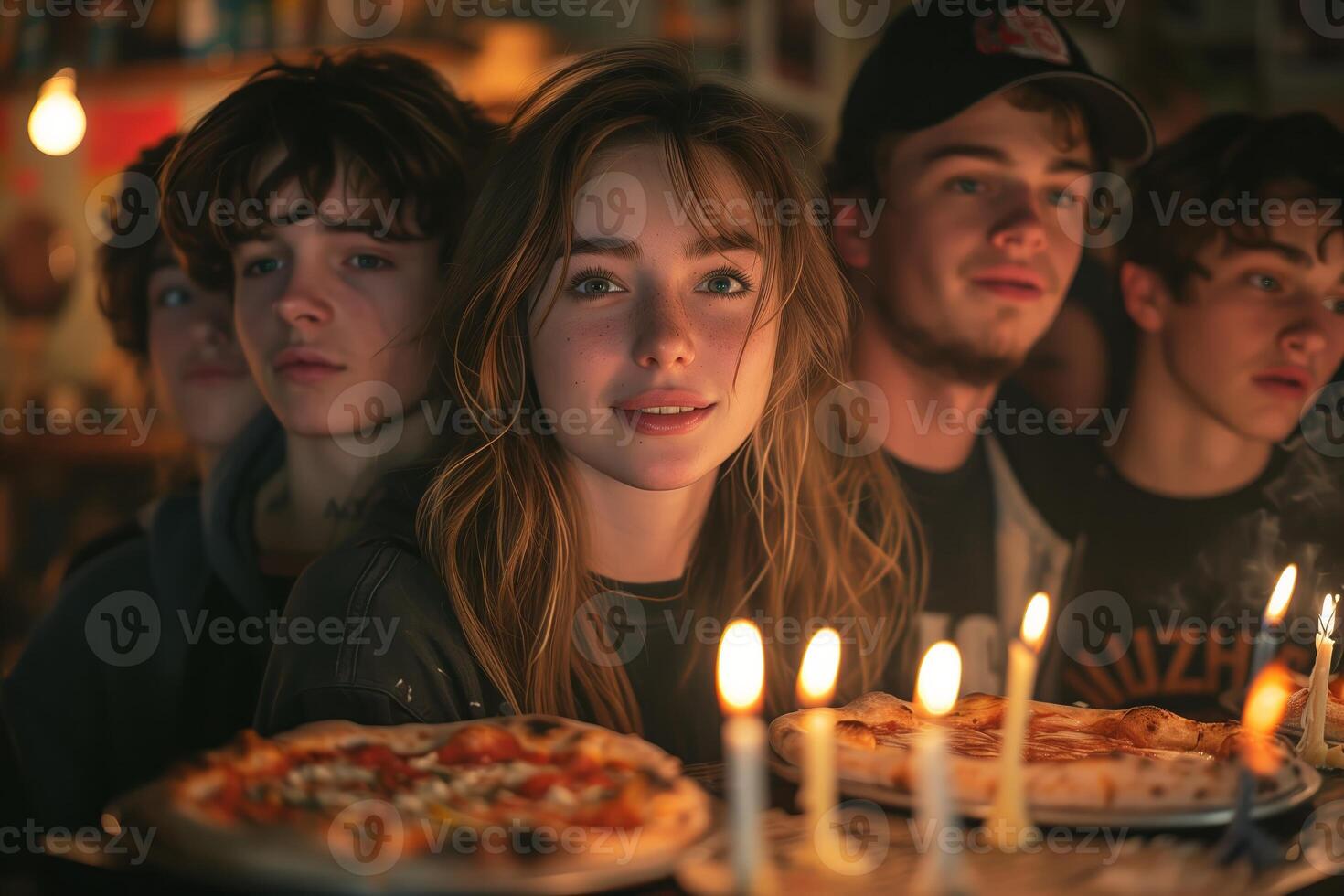 Happy young adults enjoying a pizza party by candlelight, sharing smiles and warmth photo