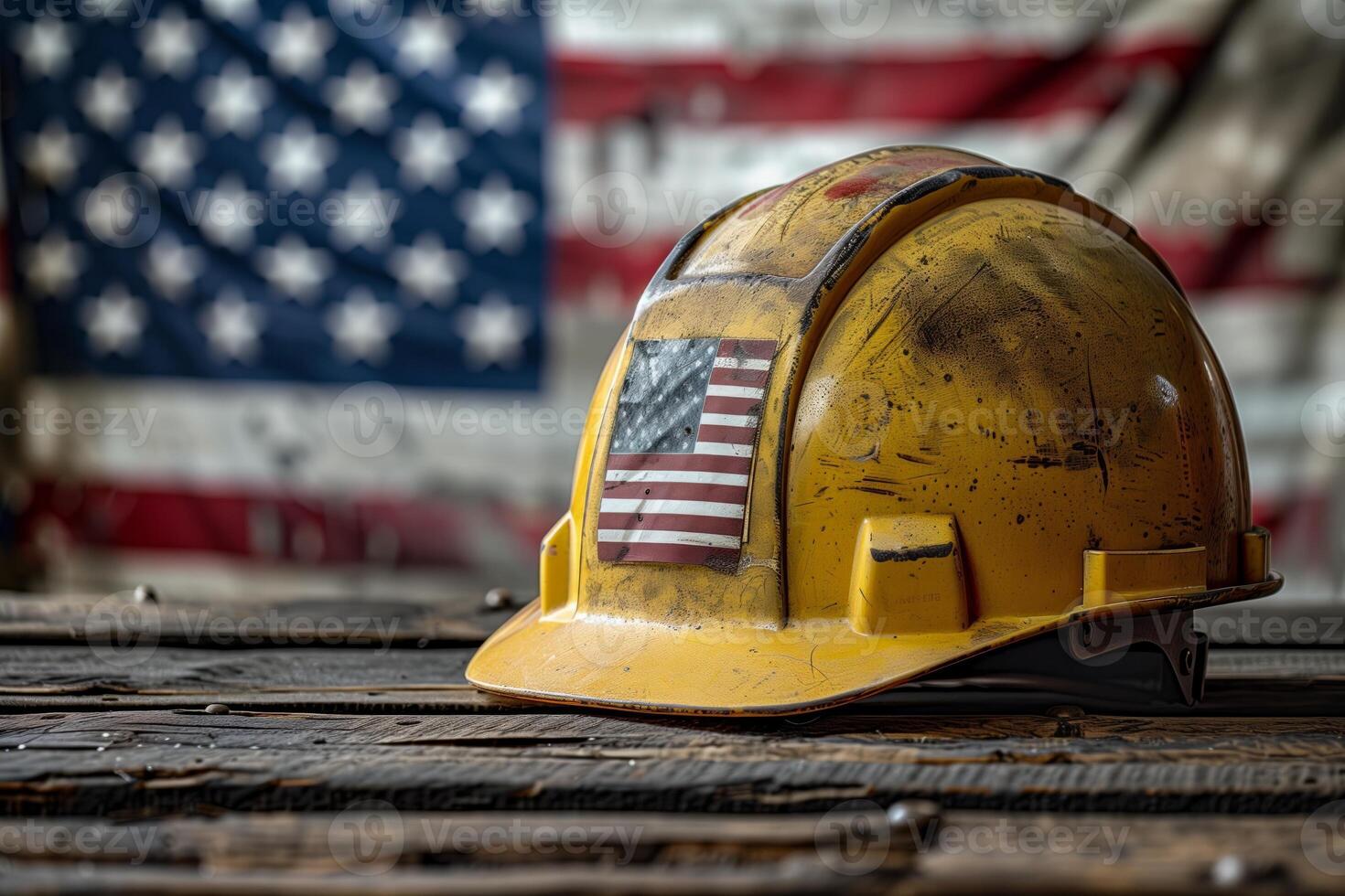 desgastado amarillo la seguridad casco con americano bandera foto