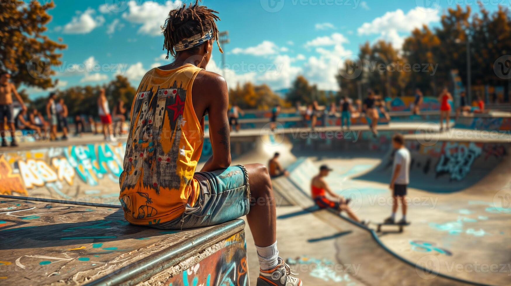Stylish youth sitting and watching skaters at a sunlit graffiti-decorated skatepark photo