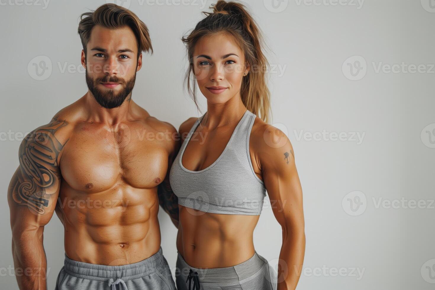Athletic man and woman standing confidently, flaunting toned bodies and positive well-being photo