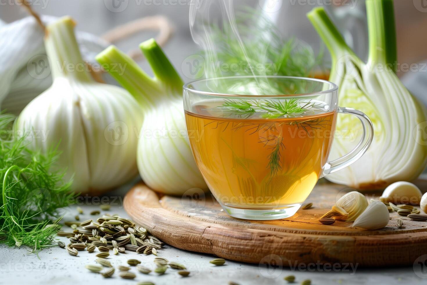 Fresh fennel tea with aromatic spices and bulbs photo