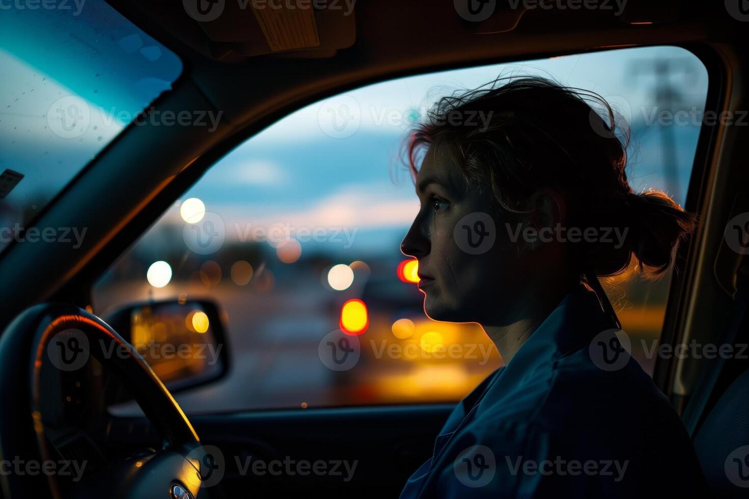 A tearful nurse takes a moment to herself in her car, reflecting the toll of her demanding job photo