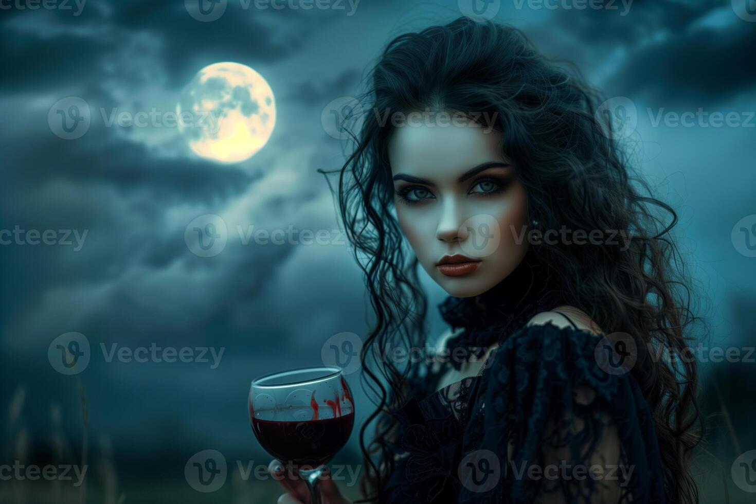 Mysterious vampire woman with red blood glass under moonlight photo