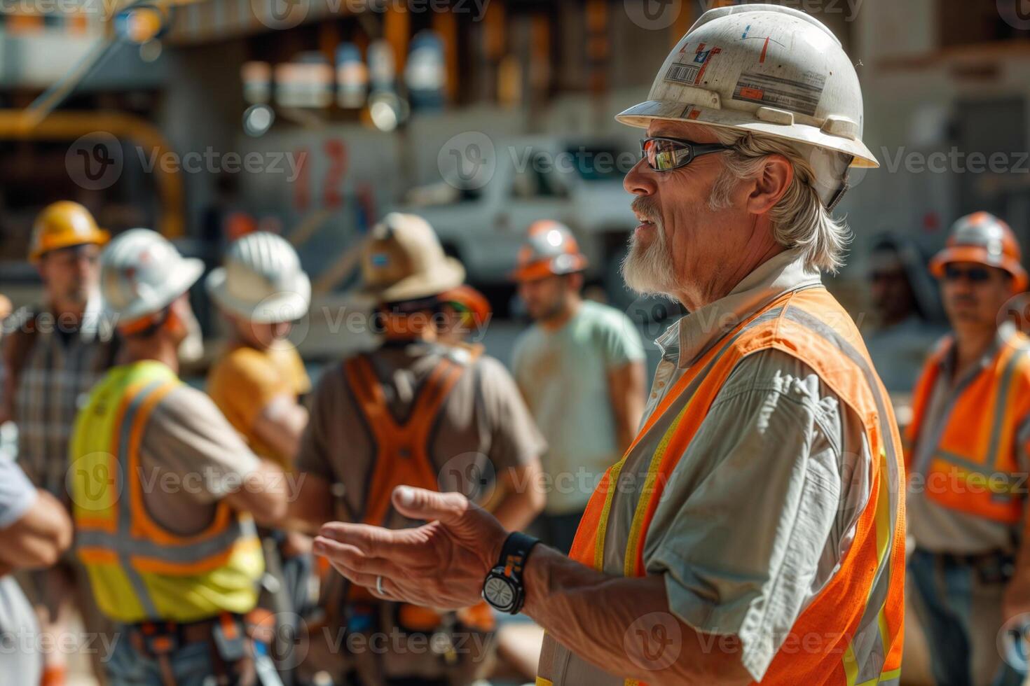 Experienced construction foreman leading team briefing photo