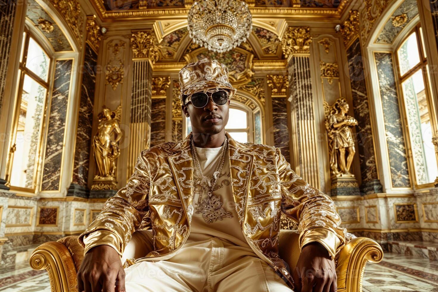 Stylish rapper exudes opulence in a luxurious gold-adorned room photo