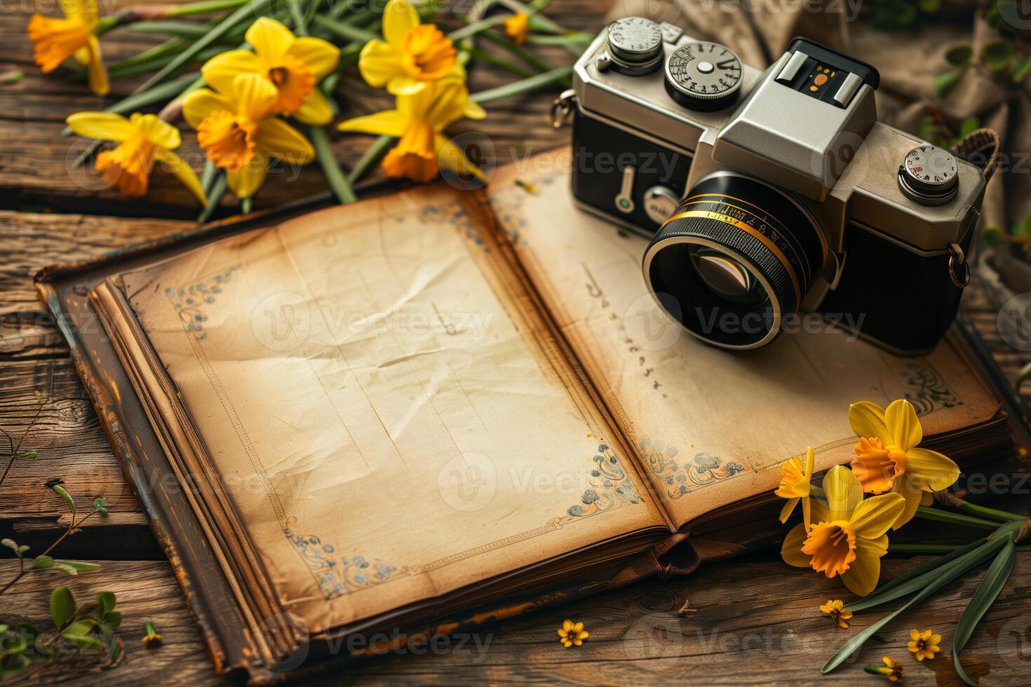 Open book with pressed flowers beside a classic camera and vibrant daffodils on rustic wood photo