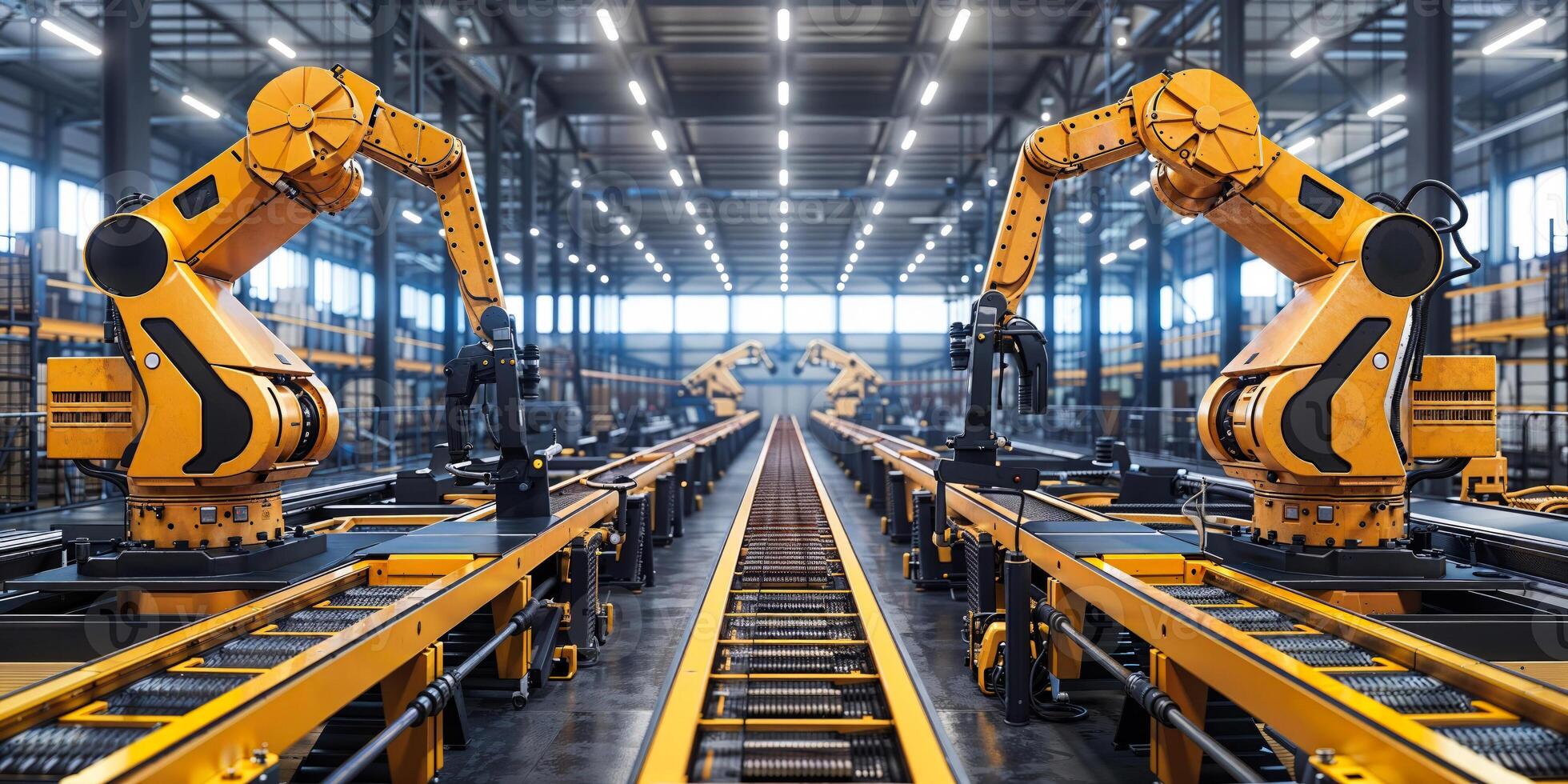 Modern robotic arms in automated factory setting photo