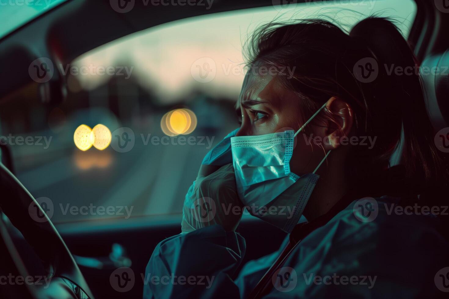 Heart-wrenching image capturing a nurse with tears flowing, seated in her vehicle after a challenging shift photo