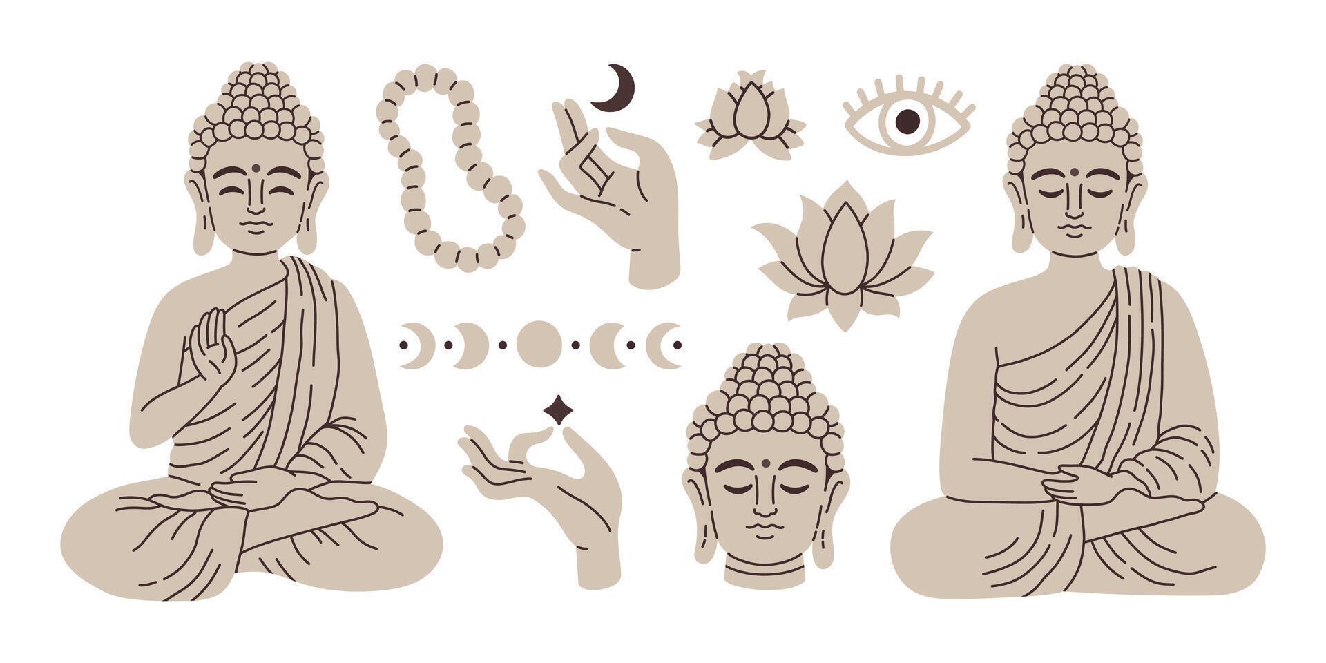 Thai buddhism Theravada silver set. Hand drawn elements illustration for decoration, printing. Concept for poster, banners vector
