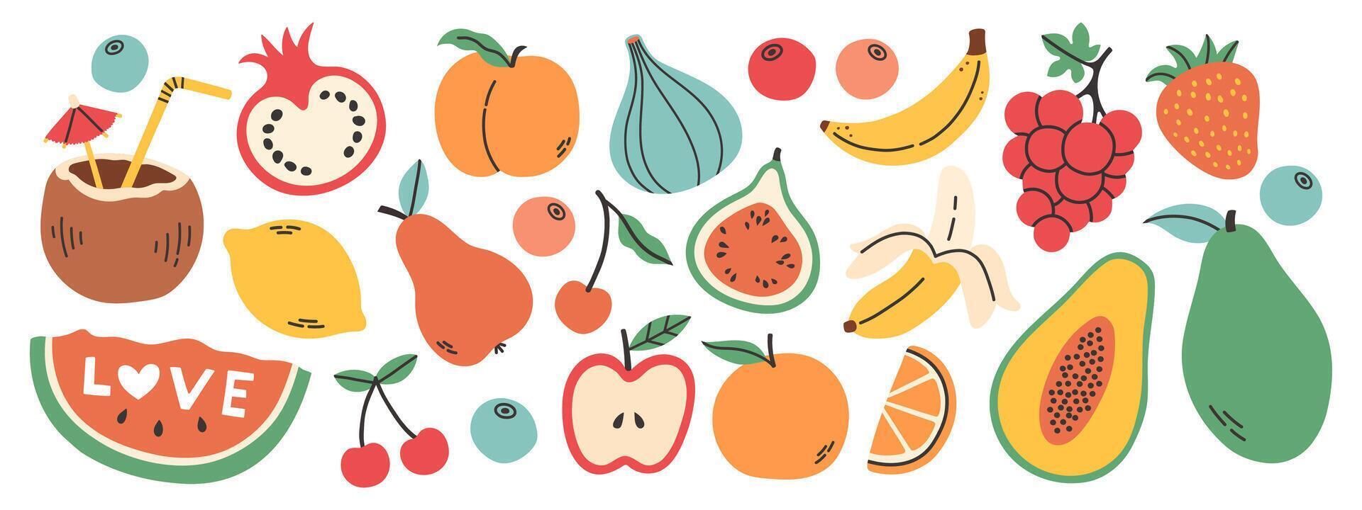 Set of different fruits and berries. Collection of organic vitamins and healthy nutrition. Watermelon, pineapple, banana, peach. Colored flat illustration isolated on white background. vector