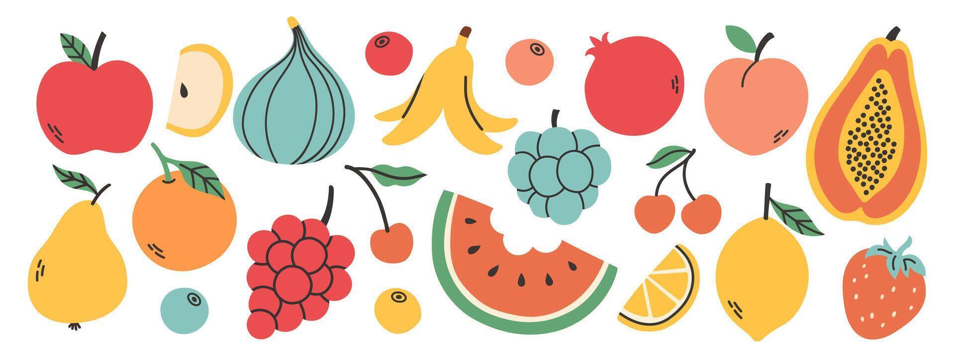 Set of different fruits and berries. Collection of organic vitamins and healthy nutrition. Watermelon, pineapple, banana, peach. Colored flat illustration isolated on white background. vector