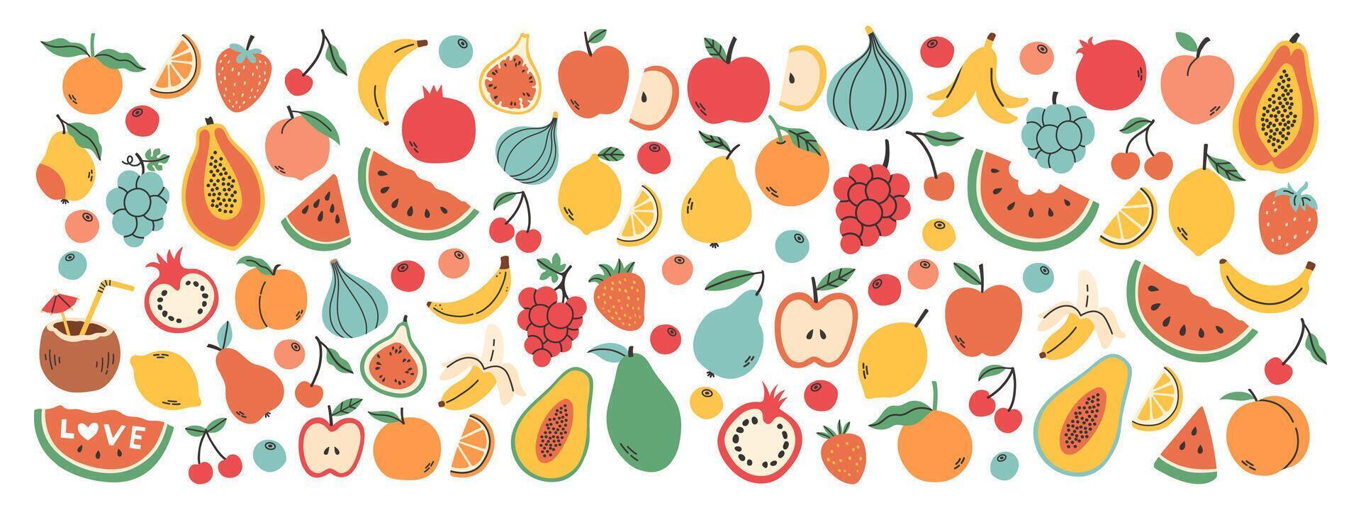 Set of different fruits and berries. Collection of organic vitamins and healthy nutrition. Watermelon, pineapple, banana, peach. Colored flat illustration isolated on white background. vector