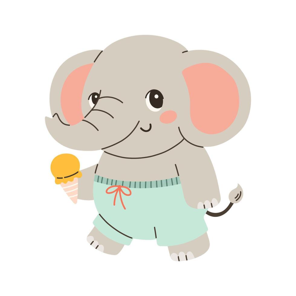 linda elefante verano ilustración. disfrutando caliente verano comiendo hielo crema. ilustración para tarjeta, bandera, póster vector