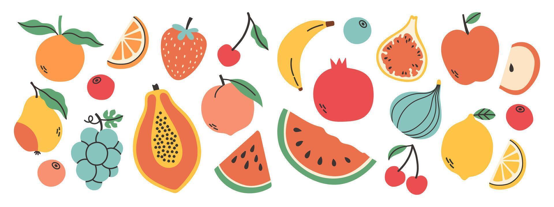 Set of different fruits and berries. Collection of organic vitamins and healthy nutrition. Watermelon, pineapple, banana, peach. Colored flat illustration isolated on white background. vector