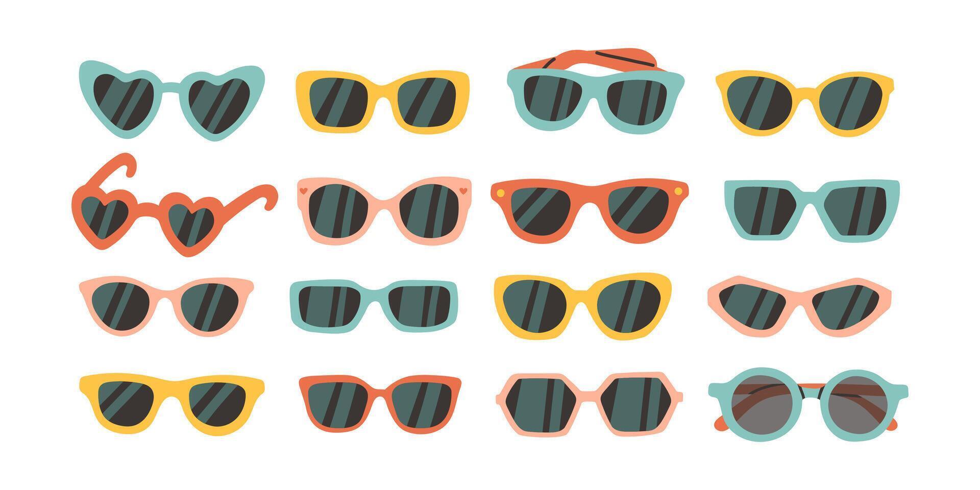 Various Sunglasses. Different shapes, colors. Plastic, metal frame. Hand drawn modern. Design elements set. Isolated objects. Summer fashion accessories, sun protection concept. vector