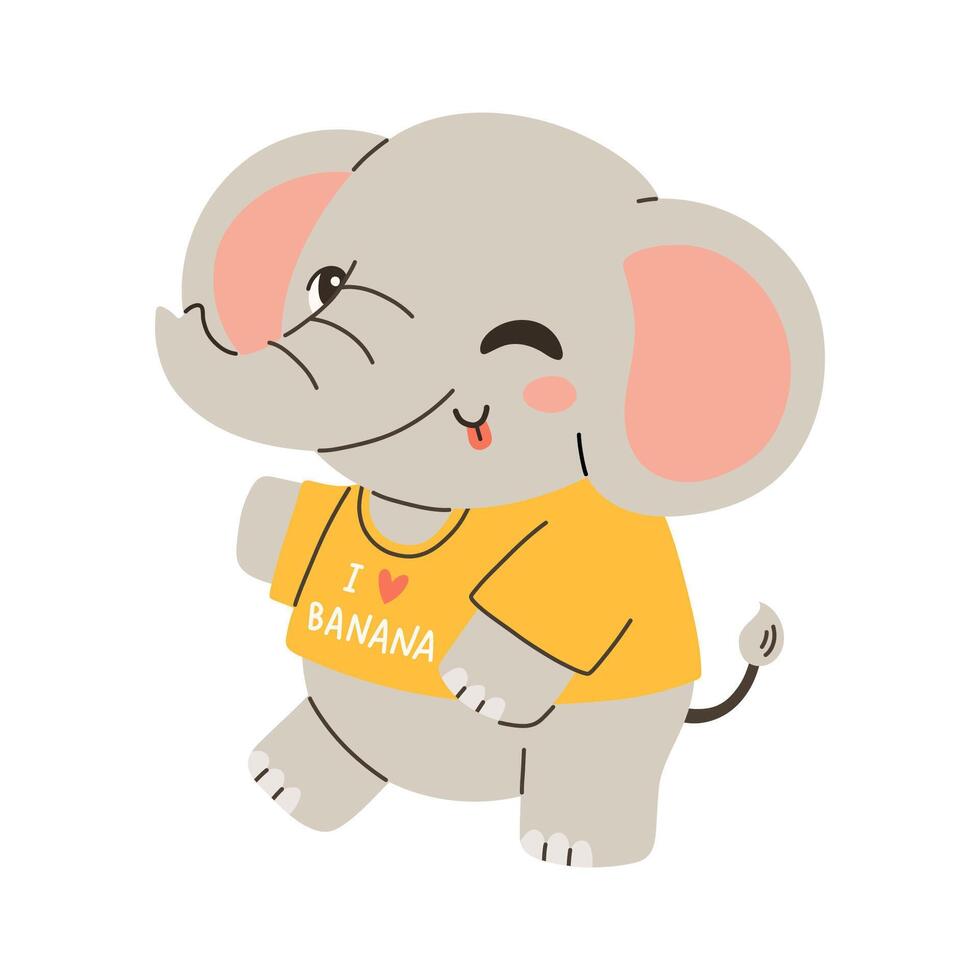 linda elefante verano ilustración. disfrutando caliente verano en camiseta yo amor banana. ilustración para tarjeta, bandera, póster vector