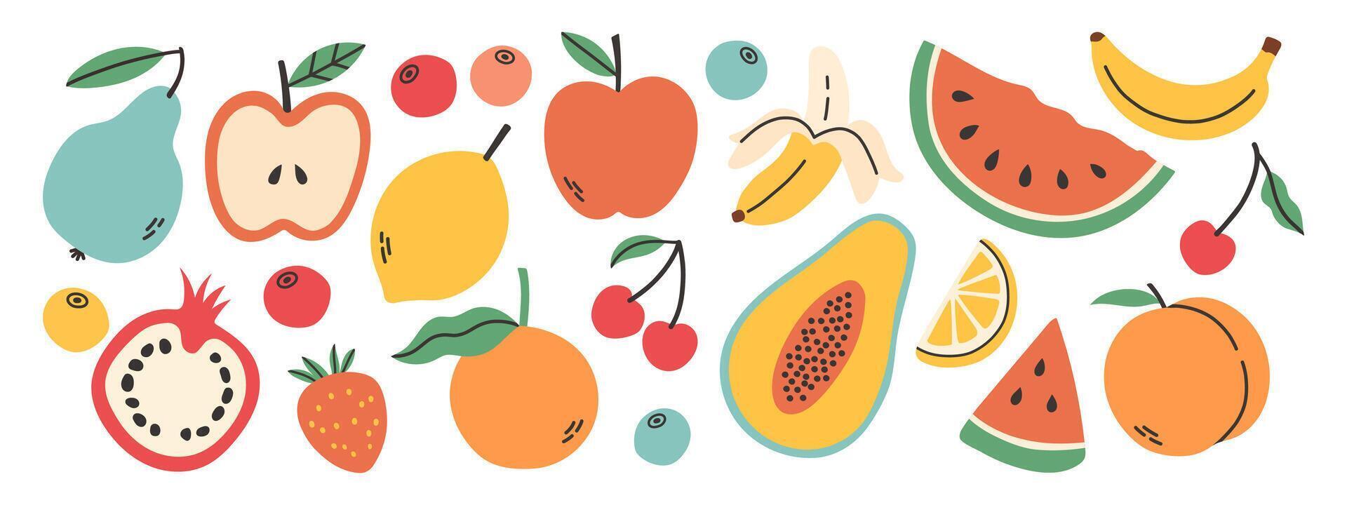 Set of different fruits and berries. Collection of organic vitamins and healthy nutrition. Watermelon, pineapple, banana, peach. Colored flat illustration isolated on white background. vector