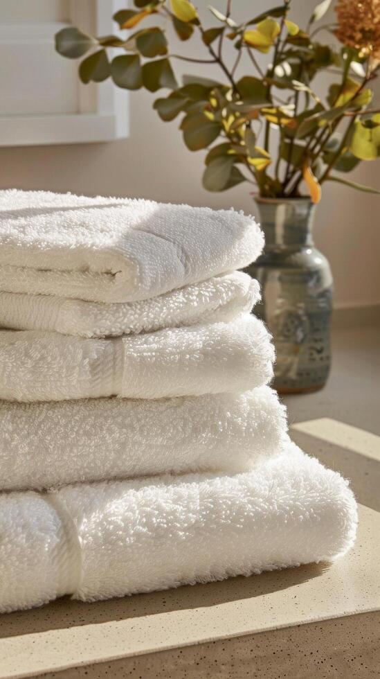 Stacked Spa Towels with Greenery photo