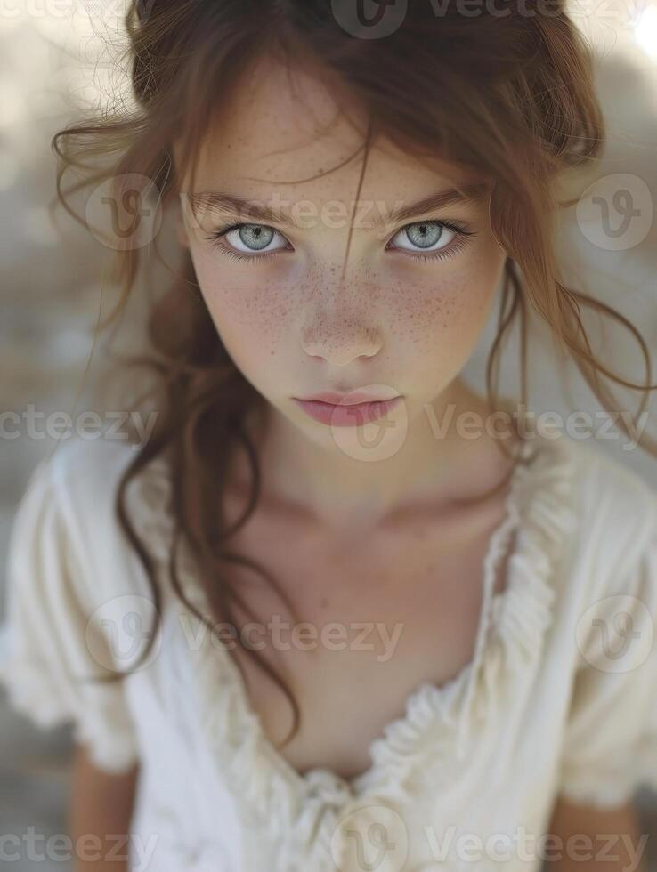 Young girl with blue eyes and freckles in a candid portrait photo