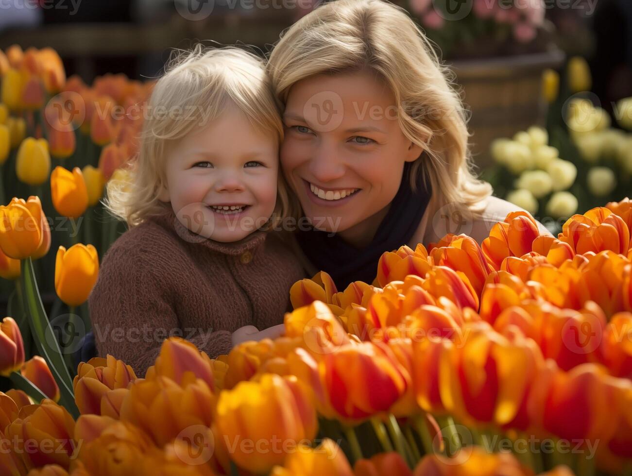 Mom and daughter smiling close-up against the background of tulips. Spring concept photo