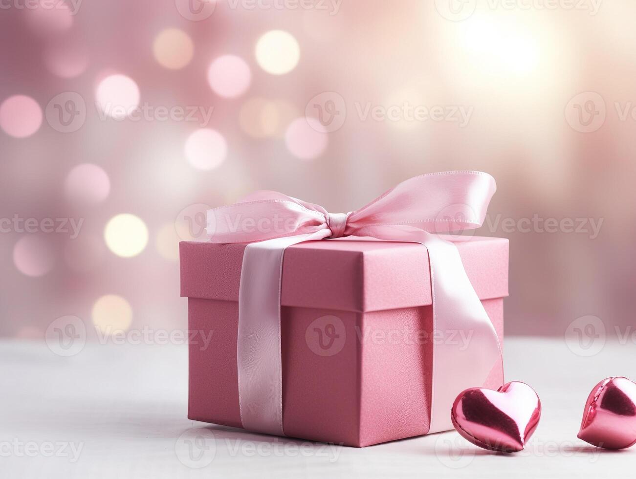 Valentine's Day gift, a box with a bow and hearts close-up. 14 February concept photo