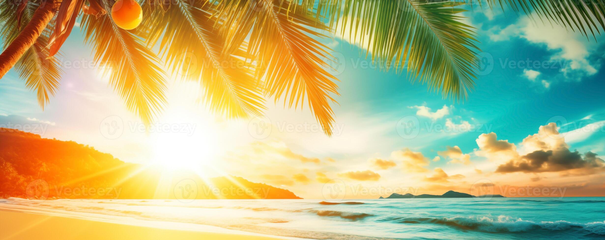 Sunrise banner showcasing orange sunburst over tropical beach photo