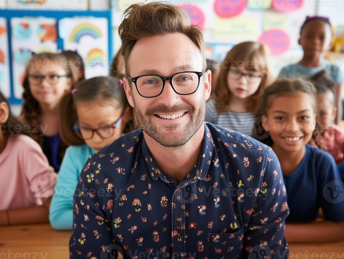 Portrait of smiling male teacher with diverse students in background photo