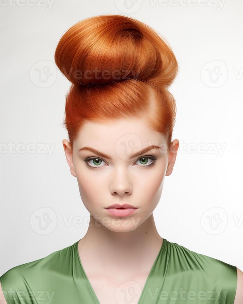 Portfolio shot featuring woman with bold redhead topknot and green dress photo