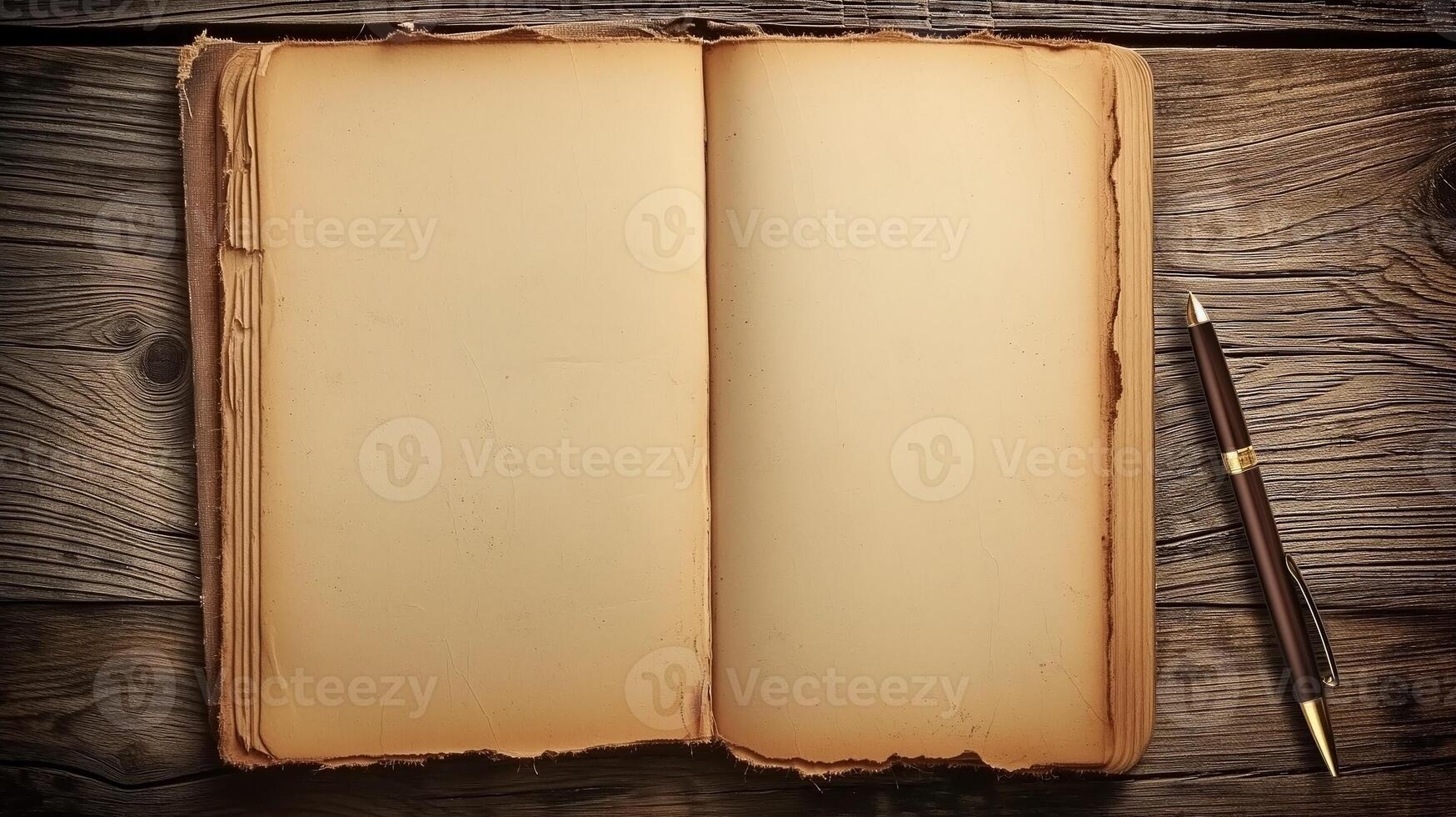 Vintage office mockup with open book and pen on wooden background photo