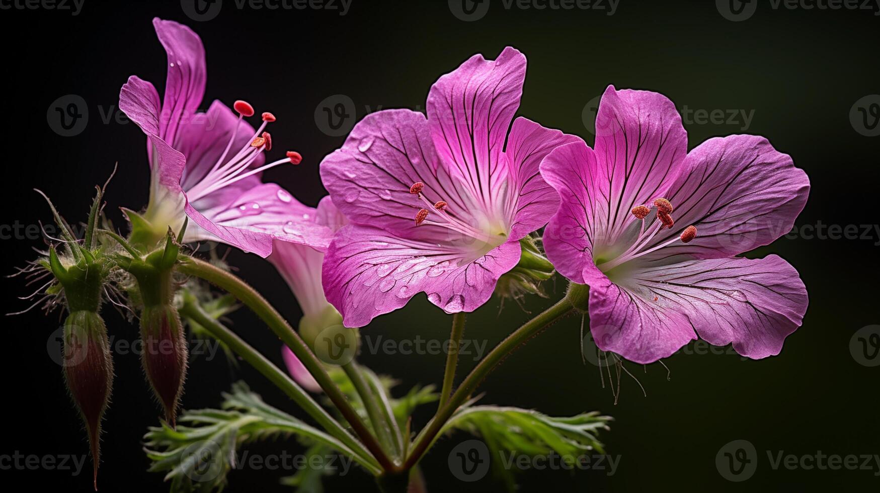 Pink geraniums with raindrops against a dark contrasting background photo