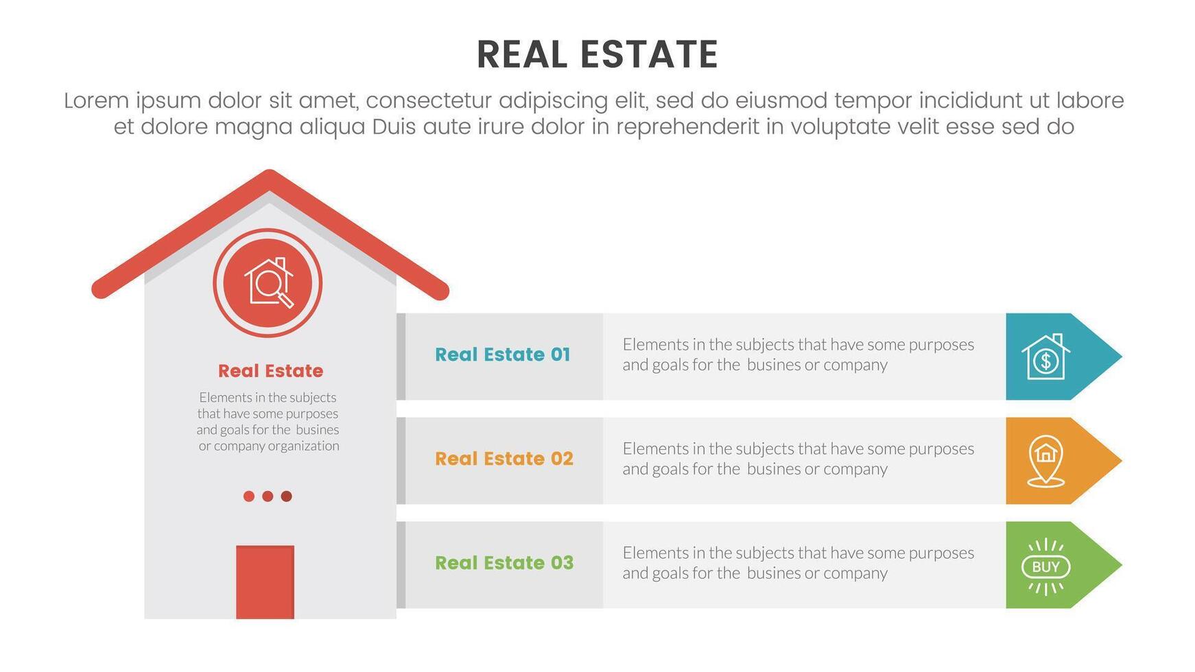 real estate property infographic template banner with tall height building with arrow rectangle stack box with 3 point list information for slide presentation vector