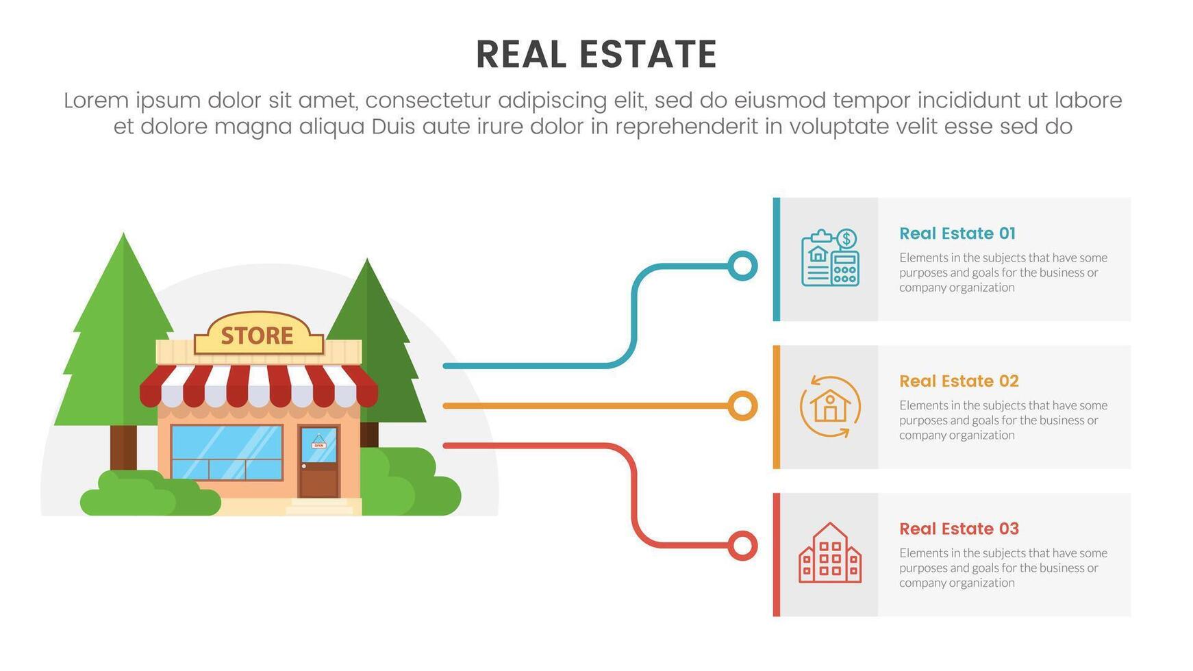 real inmuebles propiedad infografía modelo bandera con Tienda edificio con línea a caja conexión con 3 punto lista información para diapositiva presentación vector